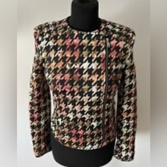 ZARA TRAFALUC Sz M Jacket Moto Style Houndstooth Floral Padded Zippers - Picture 1 of 10